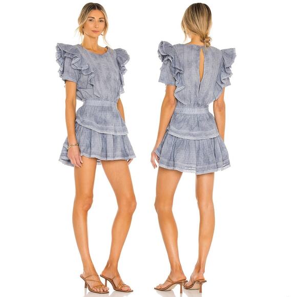 LoveShackFancy Natasha Heritage Mini Dress L Washed Denim Blue Ruffle Lace EUC - Picture 9 of 15